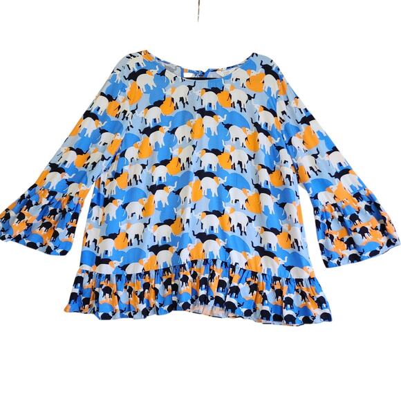 Crown & Ivy Womens Peplum Top Size XXL Bell Sleeves Elephant Print Orange Blue - Picture 1 of 10